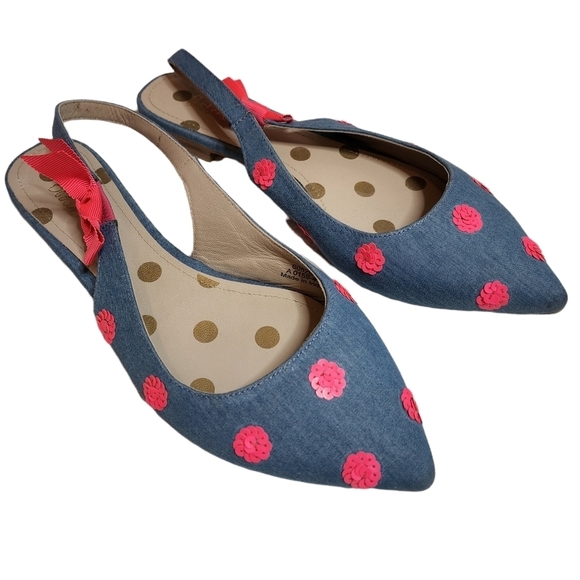 Boden Blue Denim Pink Sequin Pointed Toe Sling Back Flats Size EU 41 - Picture 1 of 13